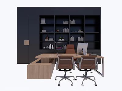 Modern Office Desk with Two Ergonomic Chairs Dark Bookshelf with Books Decorations and Plants 3d model