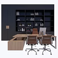 Modern Office Desk with Two Ergonomic Chairs Dark Bookshelf with Books Decorations and Plants