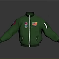 Green Bomber Jacket With Multiple Badges Front Zipper And Side Pockets