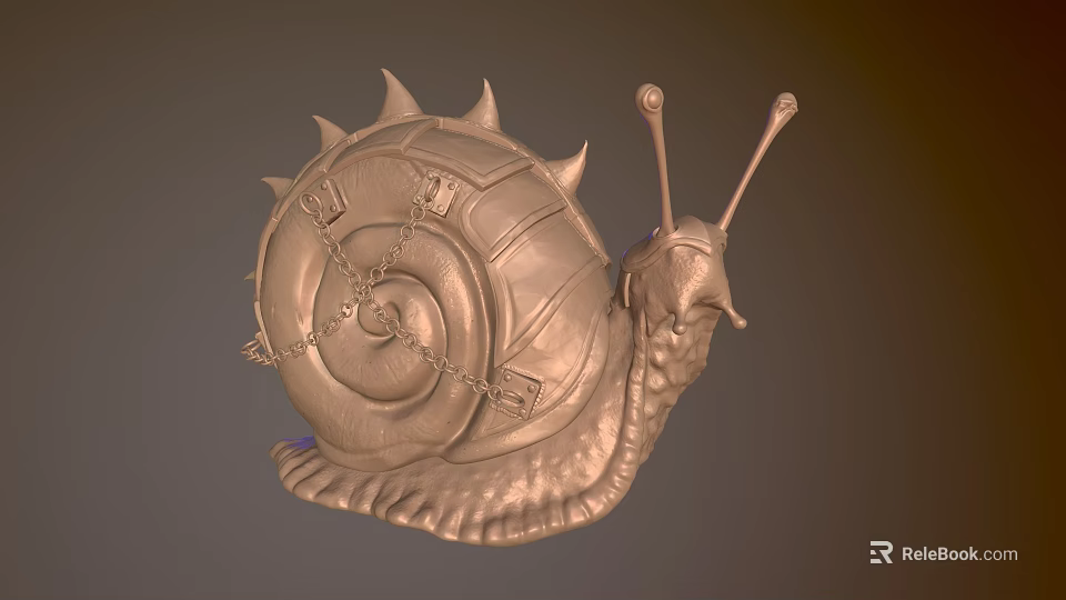 Decorative Snail Ornament Sculpture with Spiral Shell Spiked Design and Chain Details Metallic Finish 3d model 