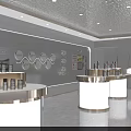 Bright Modern Display Space Interior With White Gold Podiums Curved Columns And Shelves