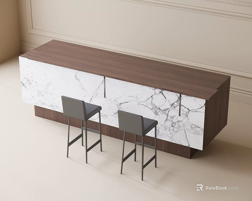 Modern Bar Counter With Marble Top Wooden Base And Black Bar Stools 3d model 