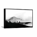 Black and White Landscape Painting With Misty Mountain And Tall Trees In Hazy Atmosphere