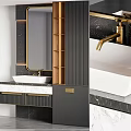 Elegant Black And Gold Washbasin Vanity With Marble Countertop Mirror And Shelves