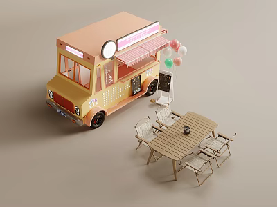 Stylish Orange Yellow Food Truck With Awning Colorful Balloons And Outdoor Dining Table Chairs 3d model