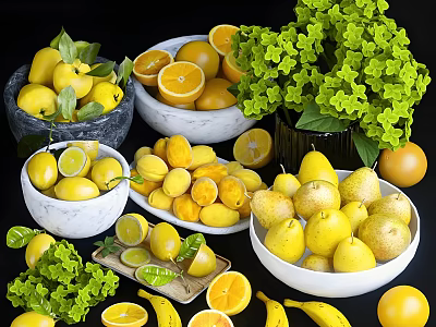 Fresh Assorted Fruits With Sliced Oranges Lemons Whole Bananas Pears in White Marble Bowls 3d model