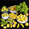 Fresh Assorted Fruits With Sliced Oranges Lemons Whole Bananas Pears in White Marble Bowls