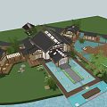 Traditional B&B Building With Front Pool Fountains Green Plants And Large Glass Windows