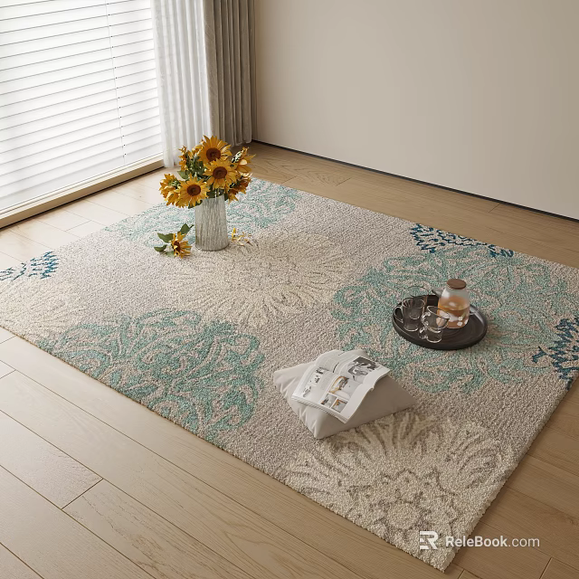 Square Area Rug With Floral Pattern Blue Green Beige Sunflower Vase Tray On Wooden Floor 3d model 