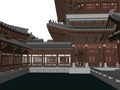 Traditional Chinese Ancient Architecture With Multi Story Pavilion Tiled Roofs And Wooden Courtyard 3d model