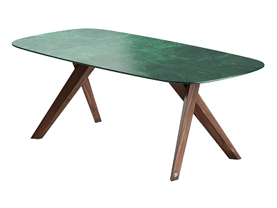 Elegant Oval Dining Table With Green Sleek Tabletop And Wooden Cross Legs 3d model
