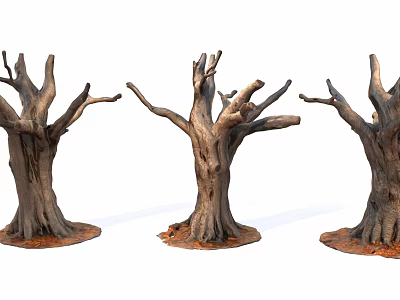 Three Leafless Dead Arbor Trees With Thick Trunks And Roots In Soil 3d model