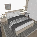 Double Bed With Wooden Frame Gray White Quilt White Pillows Bedside Table And Gray Walls