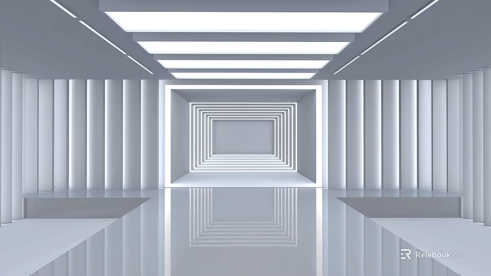 Modern White Interior Space With Symmetric Columns Reflective Floor And Tunnel Effect 3d model 
