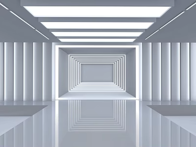 Modern White Interior Space With Symmetric Columns Reflective Floor And Tunnel Effect 3d model