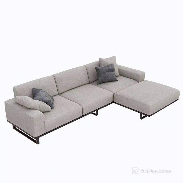 Modern Light Gray Sectional Sofa with Soft Throw Pillows and Metal Legs 3d model