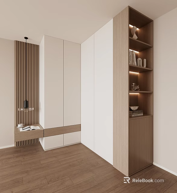 Modern Wardrobe Interior Design With White Doors Wooden Frame And Open Shelves 3d model 