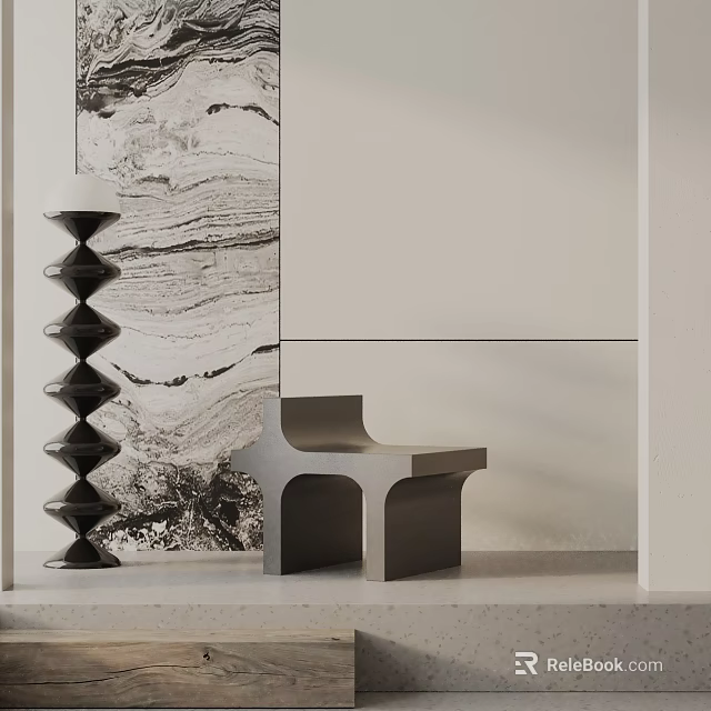 Stylish Modern Leisure Chair With Decorative Lamp And Minimalist Wall Background Design 3d model 