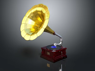 Vintage Gramophone With Golden Horn Dark Wooden Base And Vinyl Record 3d model