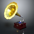 Vintage Gramophone With Golden Horn Dark Wooden Base And Vinyl Record