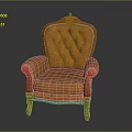 Orange Vintage Armchair With Tufted Backrest Ornate Carvings And Wooden Legs