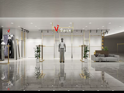 Stylish Clothing Store Interior Design With Mannequins Racks Plants Sofa And Lighting 3d model