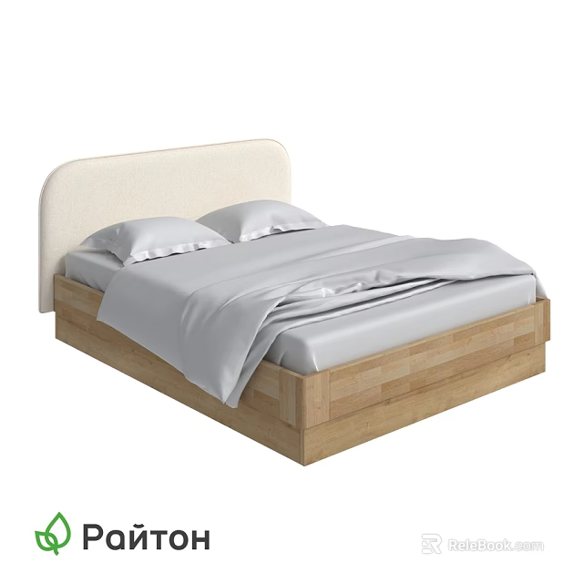 Modern Double Bed With Light Padded Headboard Wooden Frame And Gray Sheets 3d model 