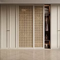 Modern White Wardrobe With Rattan Sliding Doors And Internal Storage Design