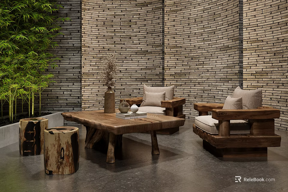 Natural Wooden Leisure Sofa Set With Green Plant Coffee Table And Brick Wall 3d model 