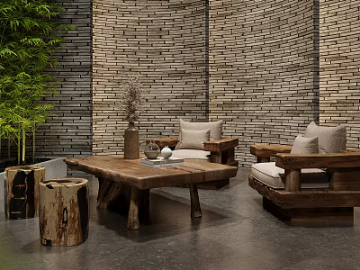 Natural Wooden Leisure Sofa Set With Green Plant Coffee Table And Brick Wall 3d model