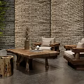 Natural Wooden Leisure Sofa Set With Green Plant Coffee Table And Brick Wall