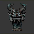 Traditional Mythical Beast Statue With Blue Brown Color Intricate Spiral Patterns Curled Horns And Square Base