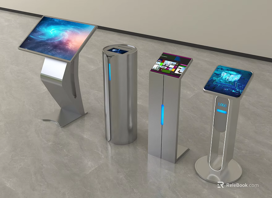 Public Facility Interactive Self Service Kiosks With Modern Touchscreen And Metal Base 3d model 