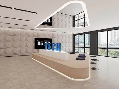 Modern Curved Reception Desk with Circular Pattern Wall Digital Display and Large Windows 3d model