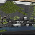 Serene Water Fountain With Waterfalls Green Plants Pine Tree Rocks Gray Wall Dark Stone Floor