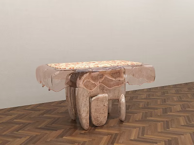Artistic Dining Table With Patterned Tabletop And Sculptural Legs On Herringbone Wooden Floor 3d model