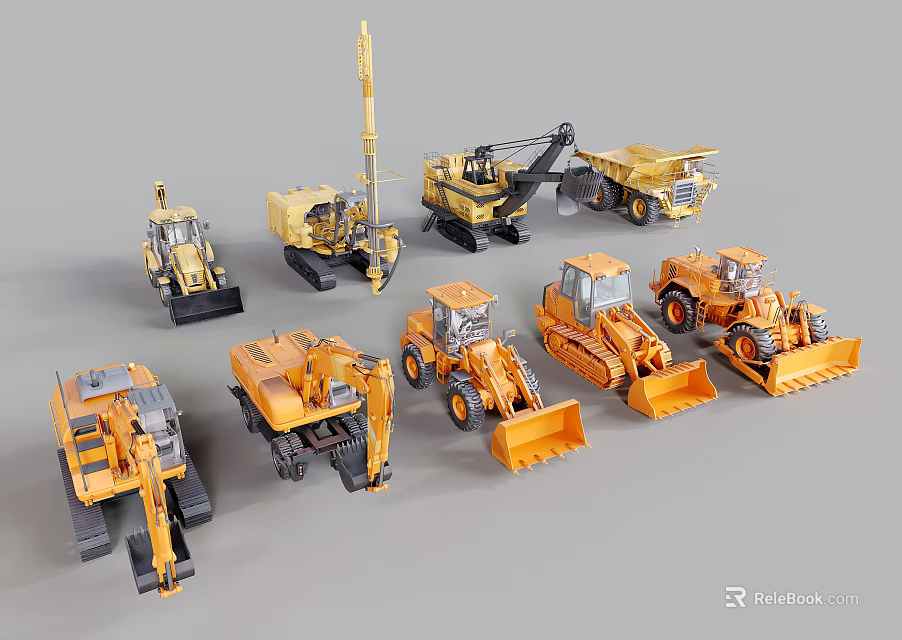 Various Heavy Duty Functional Construction Vehicles Display With Excavators Loaders Bulldozers And Dump Trucks 3d model 