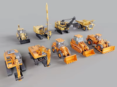 Various Heavy Duty Functional Construction Vehicles Display With Excavators Loaders Bulldozers And Dump Trucks 3d model