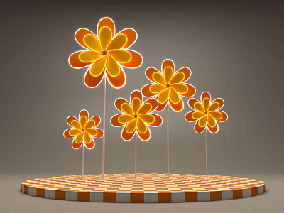 Decorative Orange Yellow Flowers With Stems On Round Orange White Checkered Platform 3d model