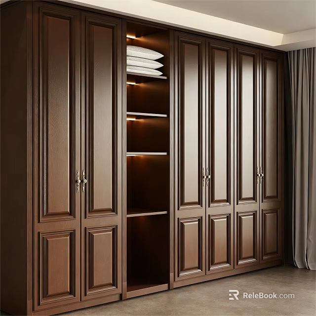 Classic Wooden Wardrobe Interior With Open Shelves Built in Lighting And White Towels 3d model 