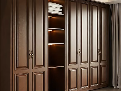 Classic Wooden Wardrobe Interior With Open Shelves Built in Lighting And White Towels 3d model