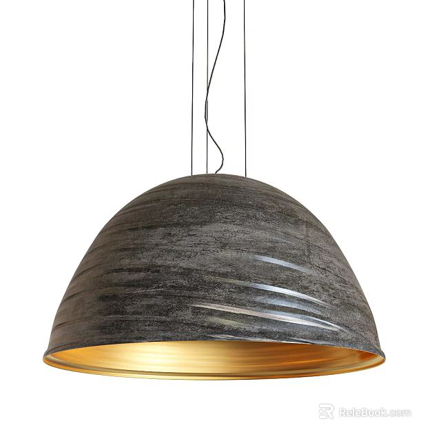 Modern Gray Hemispherical Pendant Light With Striped Texture And Golden Base 3d model 