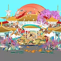 Traditional Chinese Commercial Landscape Featuring Golden Roofs Pink Cherry Blossoms Figures and Lotus Reflections