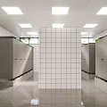 Modern Public Restroom Interior With Cubicles Tiled Floors And Ceiling Lights
