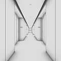 Modern Hotel Corridor With Wooden Doors Carpet Lighting And Window At The End