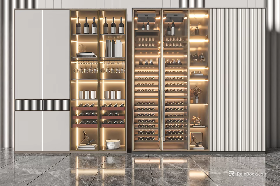 Elegant Modern Wine Cabinet With LED Lighting Glass Shelves And Wine Bottles 3d model 