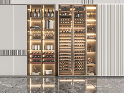 Elegant Modern Wine Cabinet With LED Lighting Glass Shelves And Wine Bottles 3d model