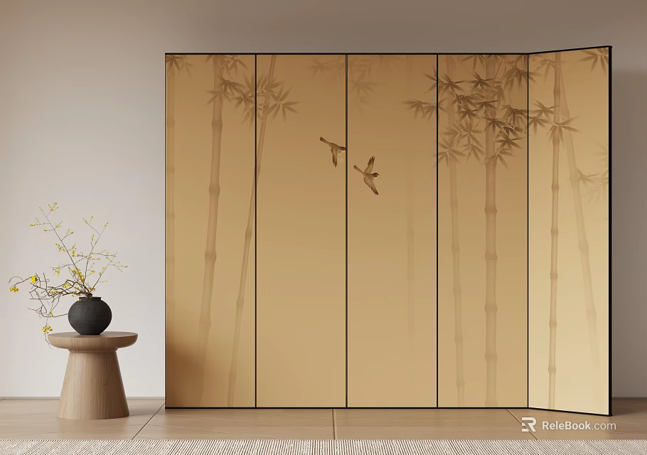 Decorative Bamboo Pattern Room Divider Screen With Bird Design And Natural Tone 3d model