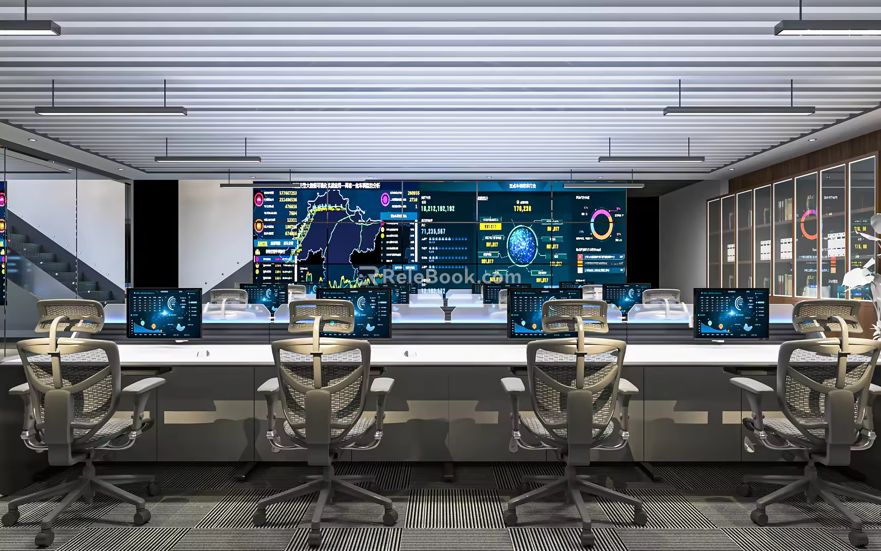 Modern Monitoring Room Command and Control Hall Monitoring Hall Dispatching Command Center Office Desk and Chair 3d model