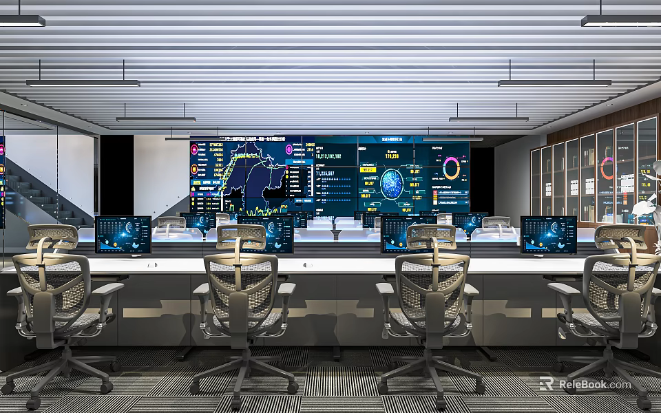 Modern Monitoring Room Interior With Multiple Displays Control Consoles And Data Charts 3d model 